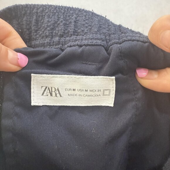 Zara Pants Mens Medium Navy Blue Textured Pleated Front Trousers Classic Fit - Picture 12 of 16